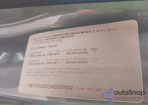 2017 GMC Sierra 1500 z USA, uszkodzony, nr VIN 3GTU2LEC3HG257922